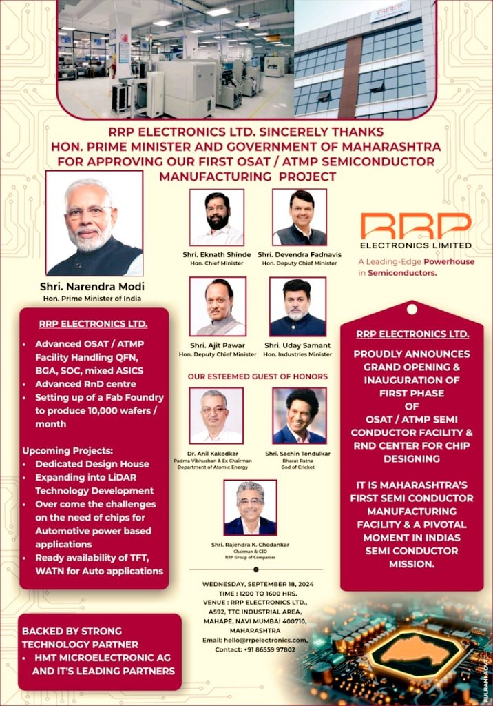 RRP Electronics Grand opening of first phase of OSAT facility tomorrow. RRP Electronics is Maharashtra first Semiconductor company. Sachin Tendulkar and many good investors are invested in RRP Electronics. 

<a href="/rrpelectronic/">RRP Electronics Limited</a>
#Semiconductor