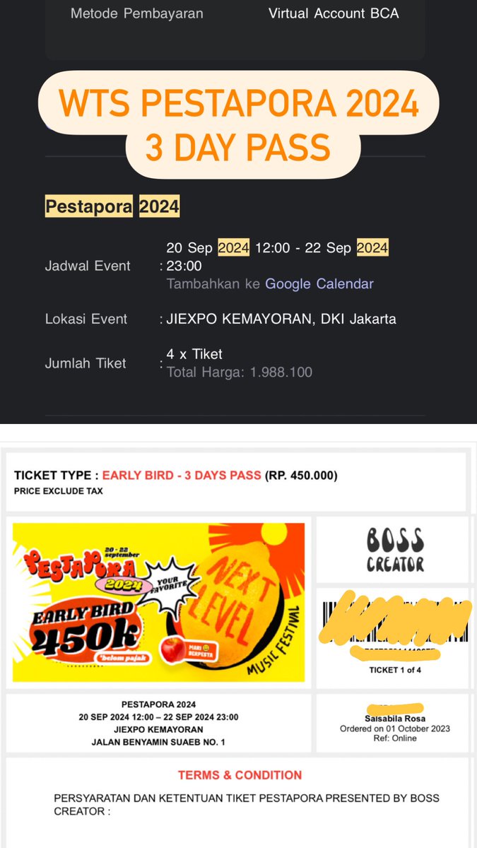 salsabillarossa's tweet photo. wts 4 tiket pestapora 2024 , 3 day pass.
gabisa dateng karna ada acara lain.
yg minat bisa langsung dm ya 🥳

#Pestapora2024 https://t.co/x1YBJ8iXiQ