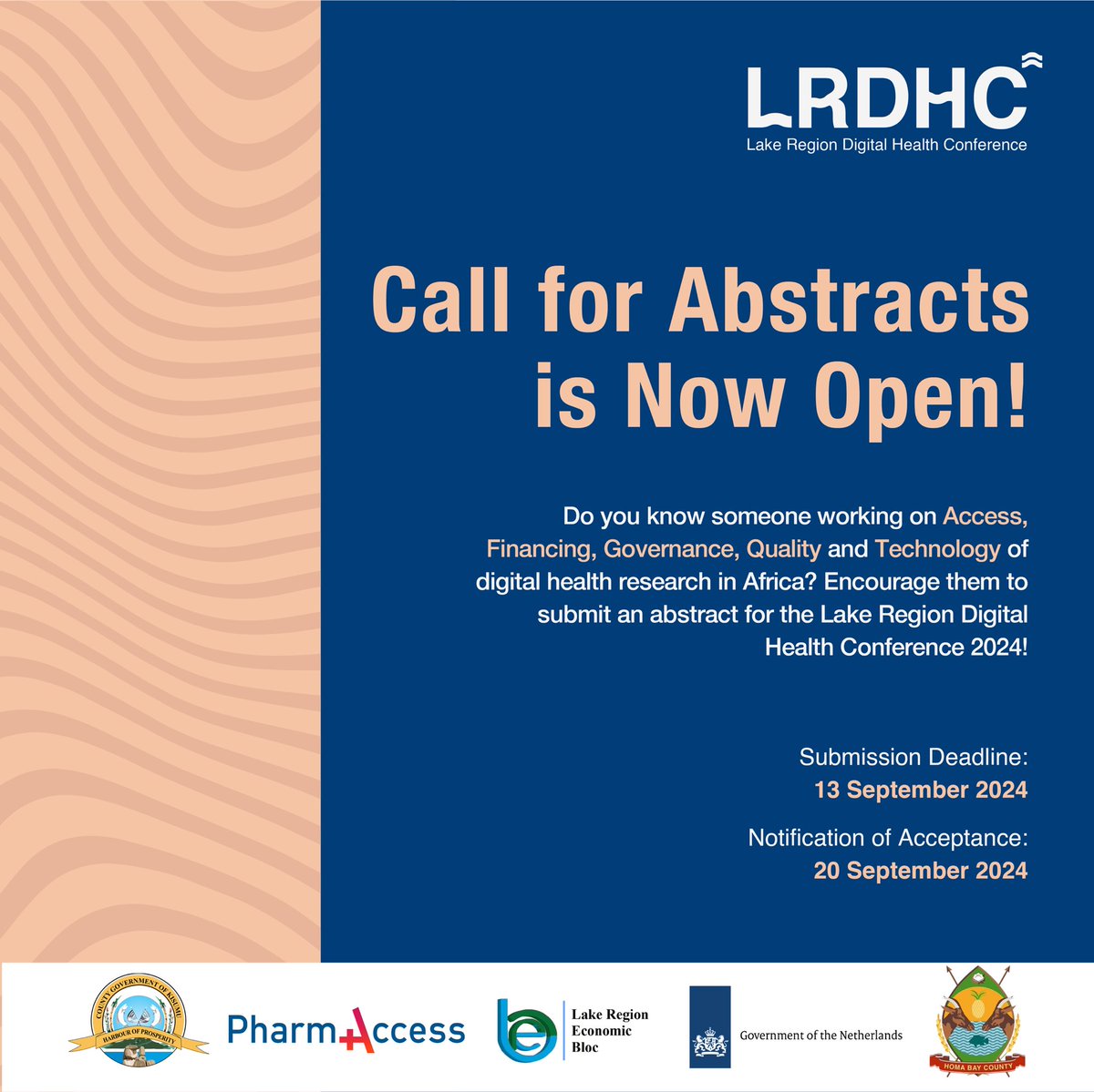 Lake Region Digital Health Conference (@lakeregiondhc) on Twitter photo 📢 Great news! The Call for Abstracts for #LRDHC2024 has been extended for ONE more week! Submit by 23rd September for a chance to share your innovations. Don’t miss out!
Visit: lrdhc.or.ke
Contact: lakeregiondhc@gmail.com 📢 Great news! The Call for Abstracts for #LRDHC2024 has been extended for ONE more week! Submit by 23rd September for a chance to share your innovations. Don’t miss out!
Visit: lrdhc.or.ke
Contact: lakeregiondhc@gmail.com
