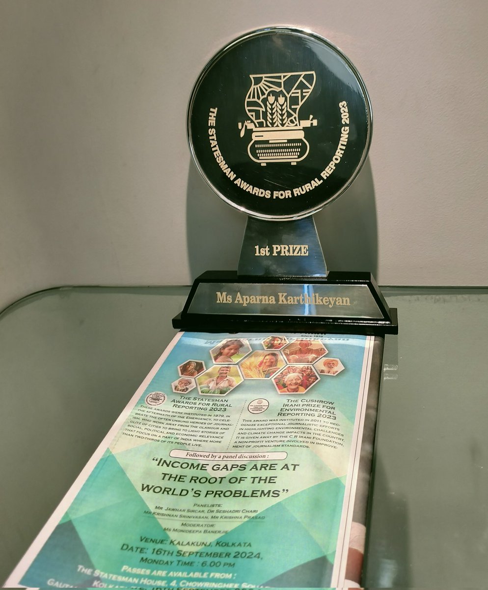 Aparna Karthikeyan (@aparnakarthi) on Twitter photo Personal update: my crop series Let Them Eat Rice, won a prize yday. Thrilled to receive The Statesman Rural Reporting Award in Kolkata.
So grateful to everybody who shared their story with me. And <a href="/PARInetwork/">People's Archive of Rural India</a> & the <a href="/azimpremjiuniv/">Azim Premji University</a> research grant for making the series possible. Personal update: my crop series Let Them Eat Rice, won a prize yday. Thrilled to receive The Statesman Rural Reporting Award in Kolkata.
So grateful to everybody who shared their story with me. And <a href="/PARInetwork/">People's Archive of Rural India</a> & the <a href="/azimpremjiuniv/">Azim Premji University</a> research grant for making the series possible.