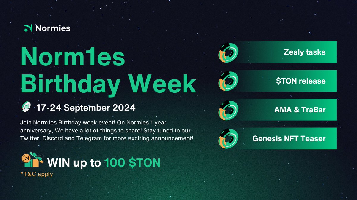 🎉 It's Norm1es birthday week! 🎉

We're kicking off an epic celebration packed with exciting activities:

✨ Zealy Quest with total rewards up to 100 $TON
🎙️ AMA &amp; Trabar
🔗 TON Blockchain release
🔥 Genesis NFT teaser drop

Get ready for an unforgettable week and stay tuned for