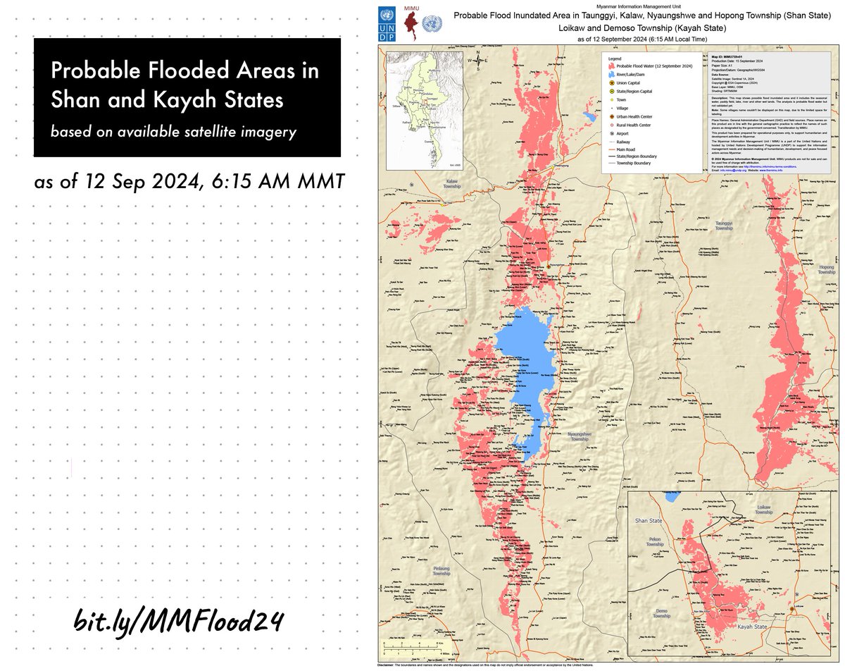 Our latest map shows probable flooded areas in parts of Shan and Kayah States (with available satellite imagery). This is a large-scale map with villages, infrastructure, and health facilities data included to support emergency response. bit.ly/MMFlood24
