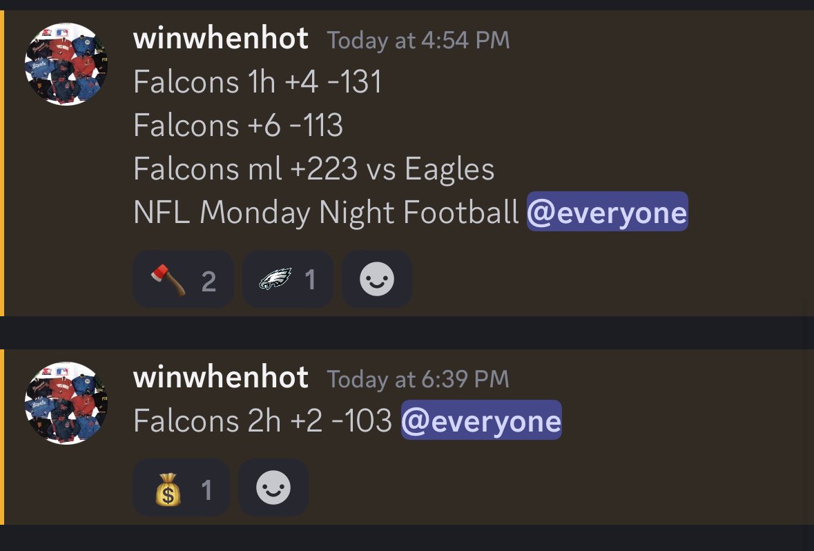 NCAAflash's tweet image. 3-0 #NFL 🏈🏦
Falcons 1h +4 -131 💰
Falcons +6 -113 💰
Falcons ml +223 💰 vs Eagles  
Monday Night Football 🏈 #ATLvsPHI 
Went 4-0 on Discord had 2h +2 -103 💰Hit live ml +440 🌋 before Game Winning Drive Kirk Cousins 🔥🔥🔥🔥🔥🔥🔥🔥🔥🔥🔥🔥🔥🔥🔥🔥🔥🔥🔥🔥🔥🔥🔥🔥🔥🔥🔥🔥🔥🔥