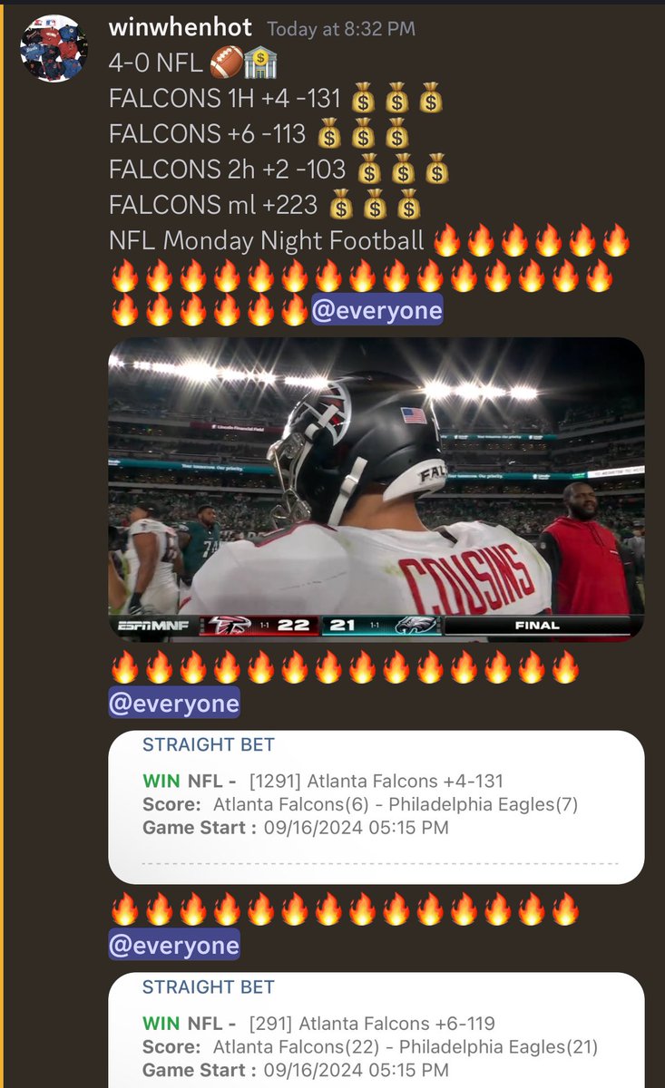 NCAAflash's tweet image. 3-0 #NFL 🏈🏦
Falcons 1h +4 -131 💰
Falcons +6 -113 💰
Falcons ml +223 💰 vs Eagles  
Monday Night Football 🏈 #ATLvsPHI 
Went 4-0 on Discord had 2h +2 -103 💰Hit live ml +440 🌋 before Game Winning Drive Kirk Cousins 🔥🔥🔥🔥🔥🔥🔥🔥🔥🔥🔥🔥🔥🔥🔥🔥🔥🔥🔥🔥🔥🔥🔥🔥🔥🔥🔥🔥🔥🔥