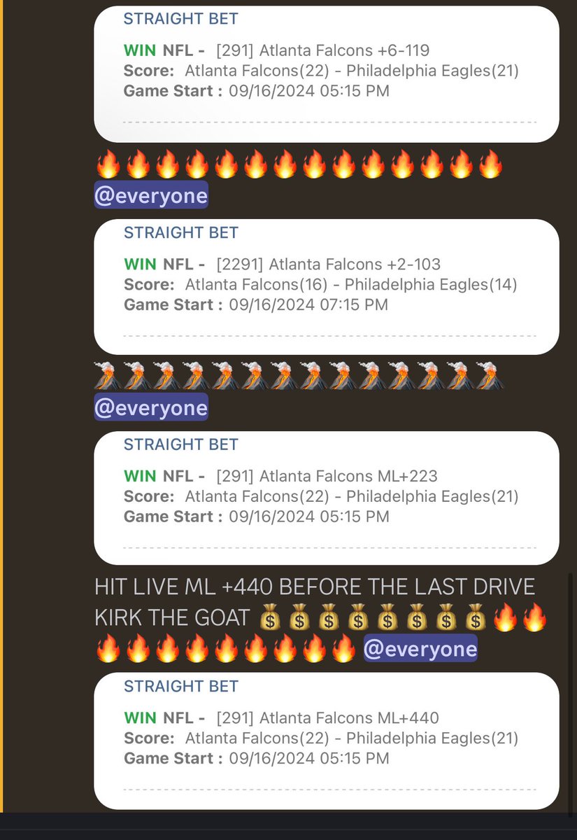 NCAAflash's tweet image. 3-0 #NFL 🏈🏦
Falcons 1h +4 -131 💰
Falcons +6 -113 💰
Falcons ml +223 💰 vs Eagles  
Monday Night Football 🏈 #ATLvsPHI 
Went 4-0 on Discord had 2h +2 -103 💰Hit live ml +440 🌋 before Game Winning Drive Kirk Cousins 🔥🔥🔥🔥🔥🔥🔥🔥🔥🔥🔥🔥🔥🔥🔥🔥🔥🔥🔥🔥🔥🔥🔥🔥🔥🔥🔥🔥🔥🔥