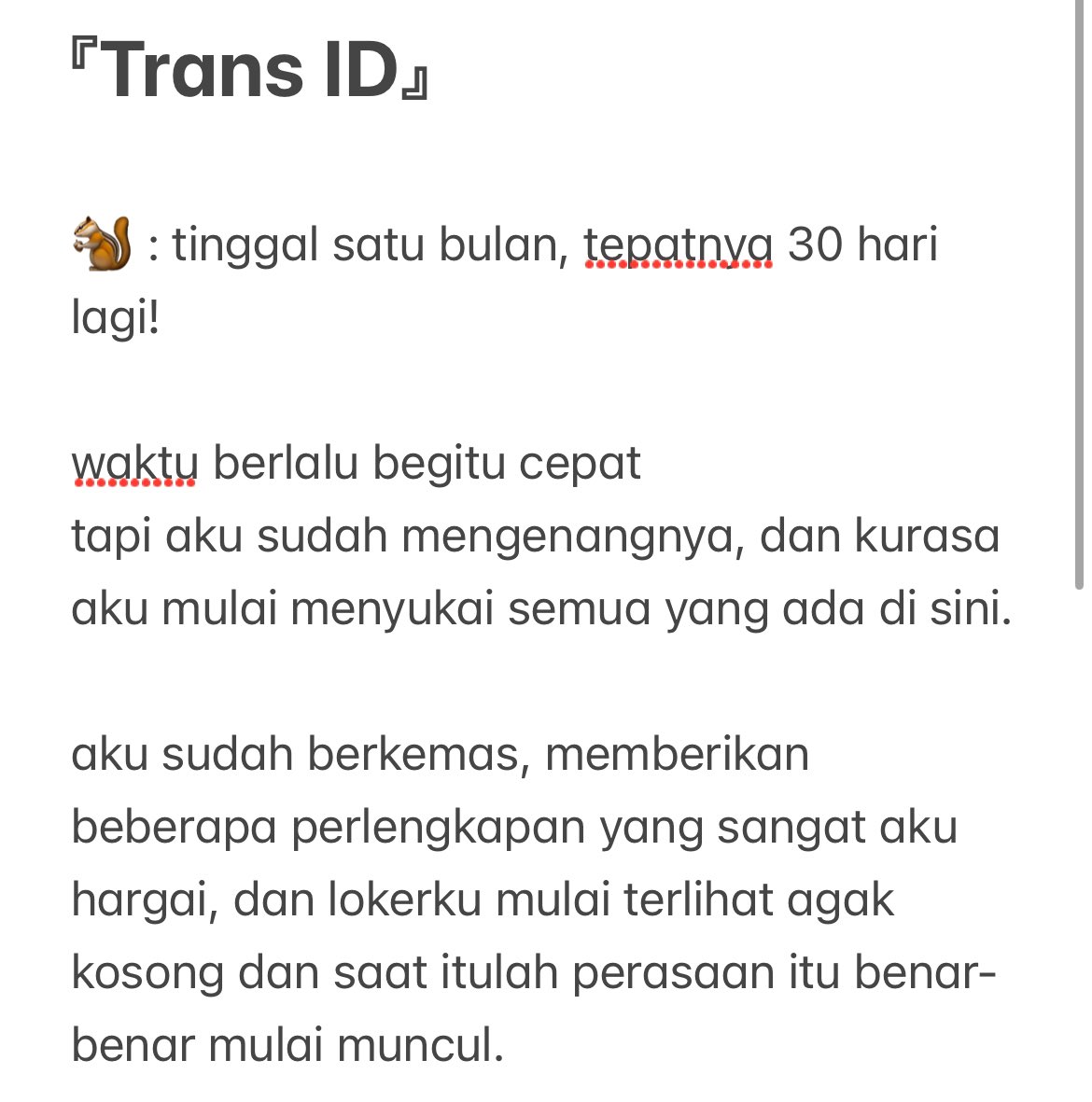 ARMYTEAMID's tweet photo. 『Trans ID』 

🐿️ weverse

tinggal satu bulan, tepatnya 30 hari lagi!

waktu berlalu begitu cepat
tapi aku sudah mengenangnya, dan kurasa aku mulai menyukai semua yang ada di sini. https://t.co/oKyGvEEp93