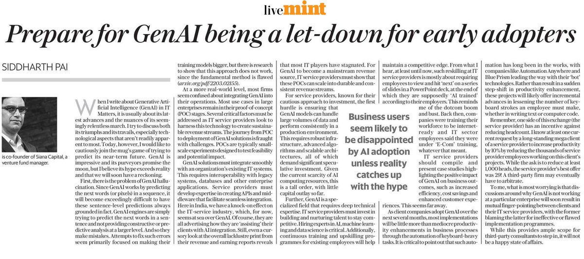 Yet another article that looks beyond the #GenAI hype, this time by Siddharth Pai of Siana Capital.

There is a big gap between reality and hype. It is very important that we focus on reality and ensure AI development happens at its own pace. The current trend to use AI for