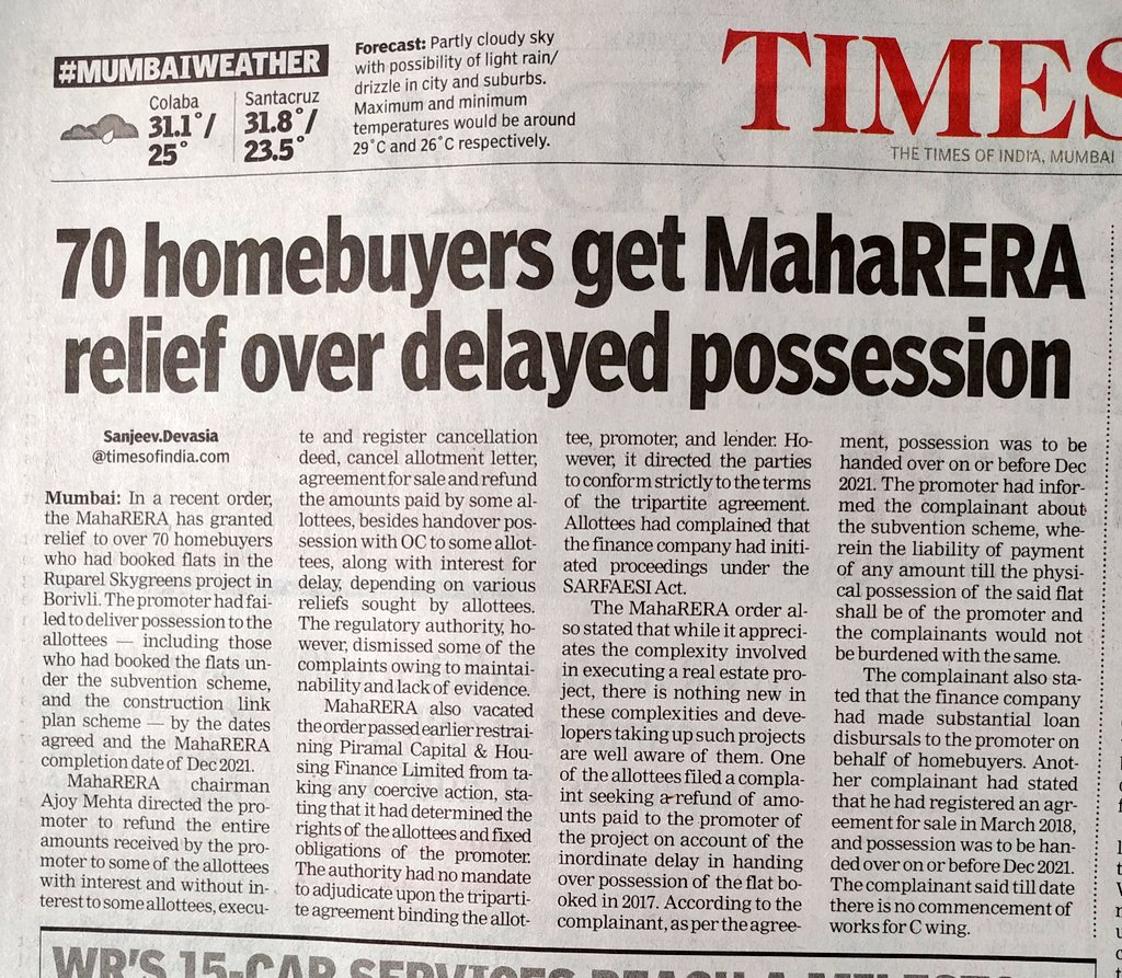 MAHARERA orders refund of entire amount with interest...Besides handover possession with OC to some allowed a/w interest for delay....
.In the Ruparel Skygreens project,Borivali. 
<a href="/singhvarun/">Singh Varun</a> <a href="/MNCDFbombay/">M.N.C.D.F</a> <a href="/ChandivaliCCWA/">Chandivali Citizens Welfare Association (CCWA)</a> <a href="/AndheriLOCA/">ANDHERI LOKHANDWALA OSHIWARA CITIZEN'S ASSOCIATION</a> <a href="/ThakurComplexRA/">Thakur Complex Residents Association</a> <a href="/WadalaCitizens/">Wadala W Citizens Forum</a>