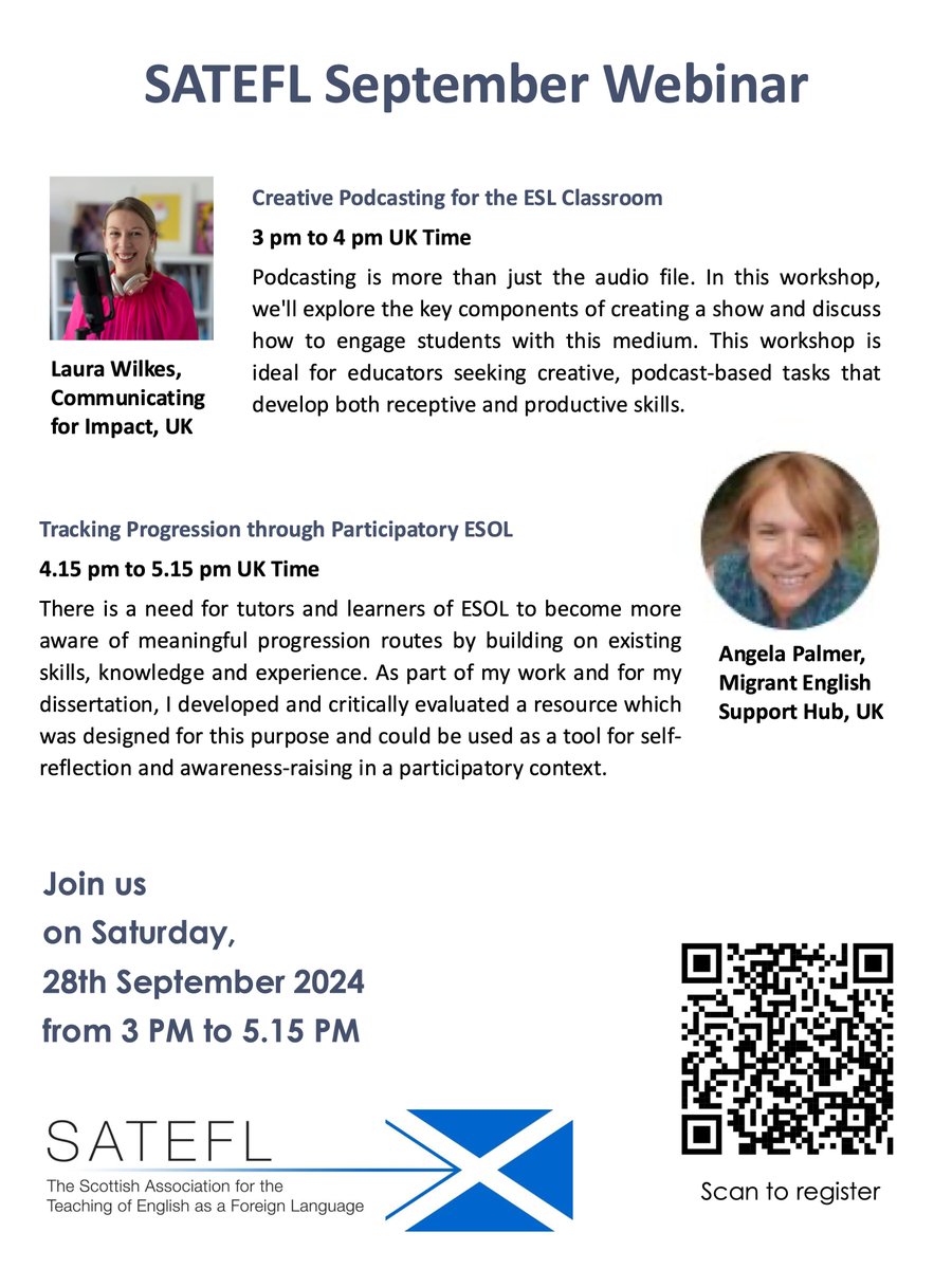 SATEFL's tweet photo. Join us on Sat 28 Sept 3–5.15 PM BST for our September webinar with two fantastic talks on Creative Podcasting in ESL and Participatory ESOL. Register here: https://t.co/Lp2GQ6yDf9 (free for SATEFL members: https://t.co/9IewCdyG1b). https://t.co/UCbPB3eMOd