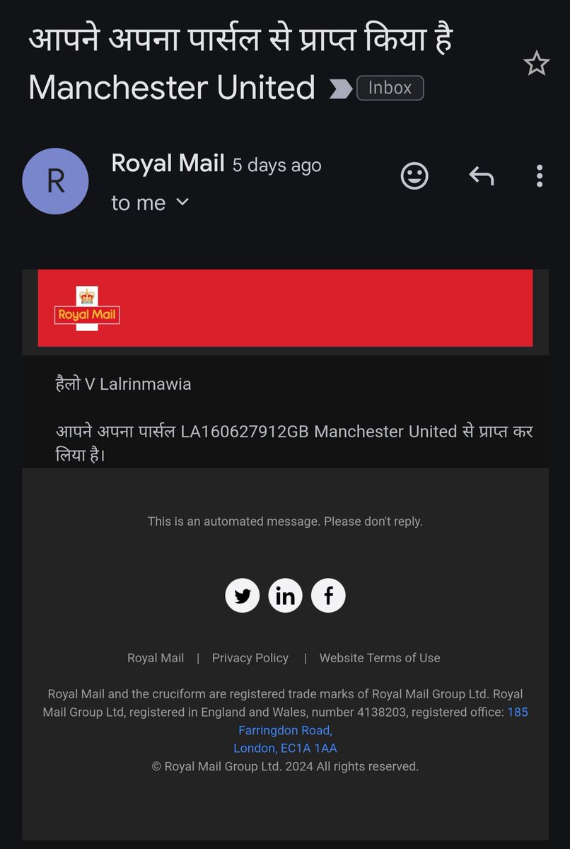 rinmoya's tweet photo. Dear @RoyalMail
I have received this email in Hindi. I haven't received any parcel from you till date.

Kindly communicate in English as I am a non-Hindi speaking Indian. https://t.co/QsxwuxtKJ2