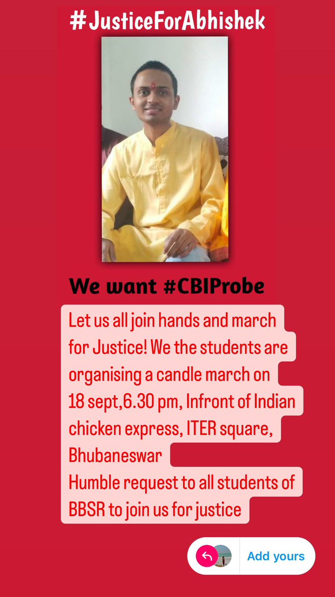 dr_ssahab's tweet image. #JusticeForAbhishek
An enquiry for a murdered engineering student....are we asking for too much?
@HemantSorenJMM
@CMO_Odisha
@MohanMOdisha 
@dasraghubar
@INCOdisha
@odisha_police
@DGPOdisha
@JharkhandPolice
@JaikyYadav16
@BhimArmyChief
@ShahdeoAjay
@CIDOdisha
We want #CBIProbe