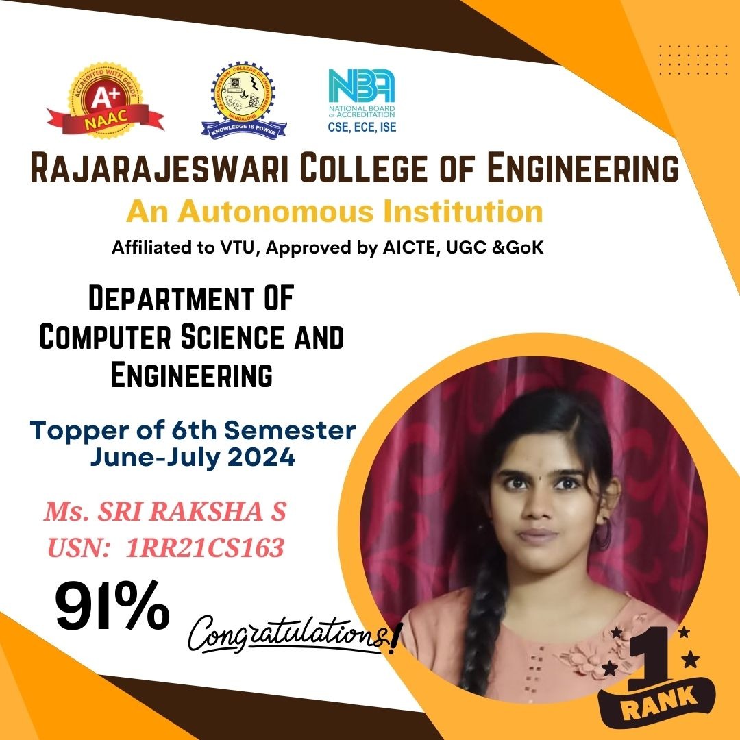 rrceblr's tweet image. #RRCE Department of #Computer_Science_and_Engineering (#CSE) 

We are thrilled to extend our #Hearty_congratulations to the TOPPER of 6th-semester #CSE -Student Ms. SRI RAKSHA S, USN:  1RR21CS163, who Secured 91% in #VTU examinations June-July 2024.

#Admissions_Open_for_2024_25