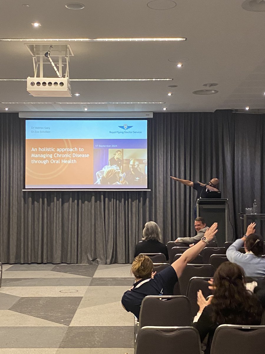 Dr Vaibhav Garg from @Royal Flying Doctor Service of Australia waking us all up with a bit of dancing before kicking off his presentation on a holistic approach to managing chronic disease through oral health in remote Aus. #17NRHC
