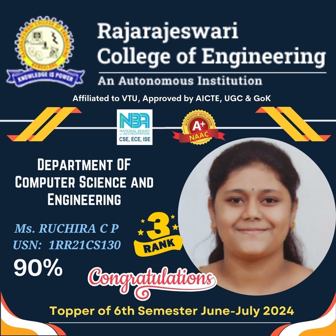 rrceblr's tweet image. #RRCE Department of #Computer_Science_and_Engineering (#CSE) 

We are thrilled to extend our #Hearty_congratulations to the TOPPER of 6th-semester #CSE -Student Ms. RUCHIRA C P, USN:  1RR21CS130, who Secured 90% in #VTU examinations June-July 2024.

#Admissions_Open_for_2024_25!