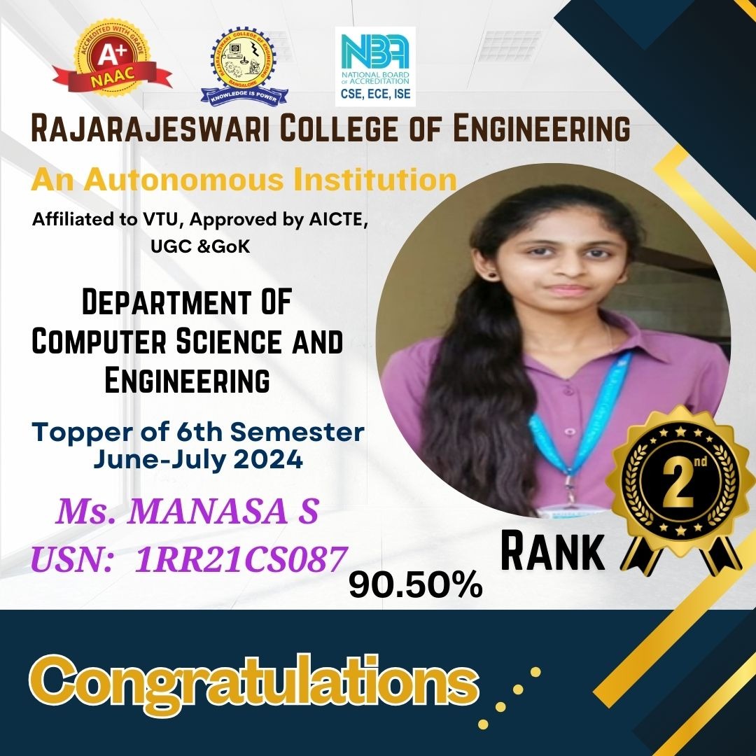 rrceblr's tweet image. #RRCE Department of #Computer_Science_and_Engineering (#CSE) 

We are thrilled to extend our #Hearty_congratulations to the TOPPER of 6th-semester #CSE -Student Ms. MANASA S, USN:  1RR21CS087, who Secured 90.50% in #VTU examinations June-July 2024.

#Admissions_Open_for_2024_25!