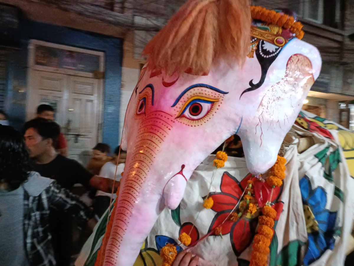 JourneyDmc's tweet photo. Pulukisi (also called Pulukishi) is an iconic figure in the Yenya Punhi festival, representing a mythical white elephant. In Nepali mythology, Pulukisi is believed to be the mount of Lord Indra, the god of rain and the heavens. During the festival, a large elephant mask https://t.co/b7z5TFwXqf