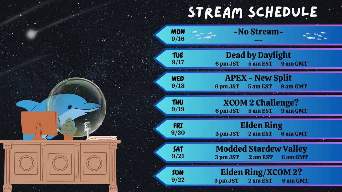 Stream Schedule 09/16 - 09/22

This is the like last week of summer break streaming...

Might have some new stuff at the end of the week tho...

Also Cost-Co rotisserie chicken is fire...

youtube.com/channel/UCrRyl…