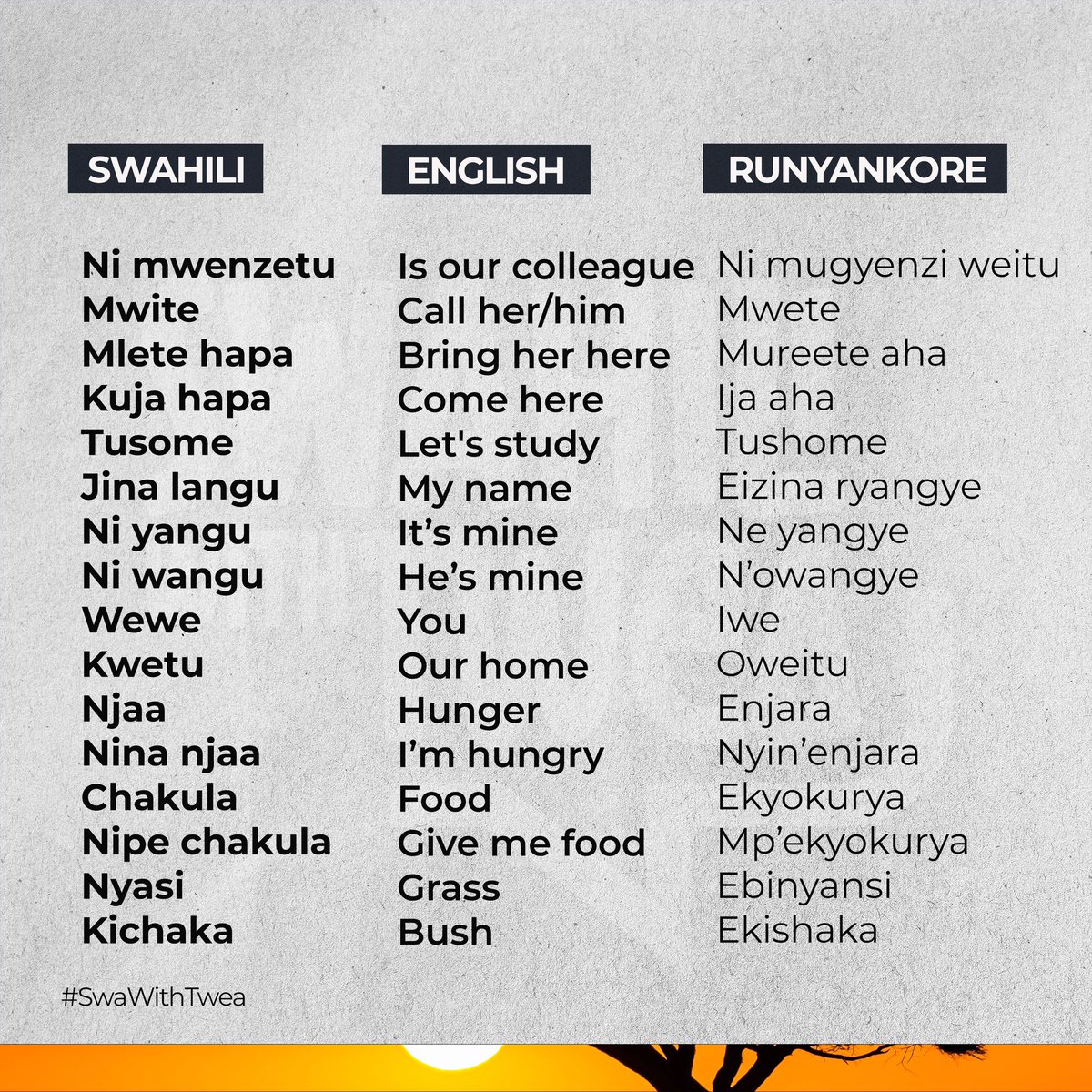 KiswahiliNaTwea's tweet photo. Hamjambo
Lest we forget
Kiswahili ni Kibantu
#Swahili Vs #Runyankore
#SwaWithTwea https://t.co/fbZT6uS0CG