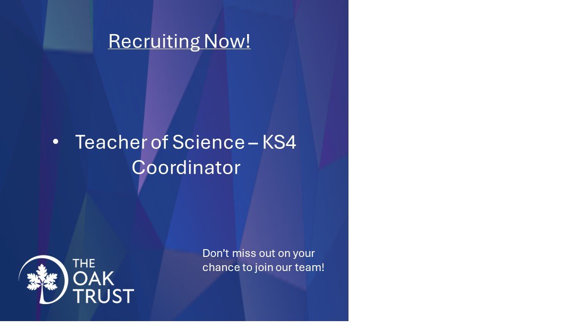 🧪 | Teacher of Science - KS4 Coordinator

North Chadderton School are currently looking to appoint a dedicated Teacher of Science and KS4 Coordinator.

To find out more information, follow the link below,

lnkd.in/d66MdrHP

#jobs #recruitment #oldham #manchester #school