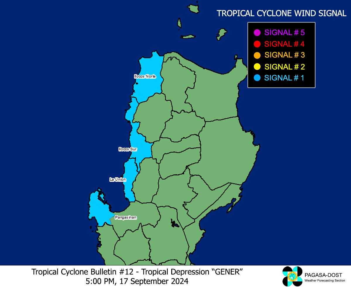 dost_pagasa's tweet image. TROPICAL CYCLONE BULLETIN NR. 12
Tropical Depression #GenerPH
Issued at 5:00 PM, 17 September 2024
Valid for broadcast until the next bulletin at 11:00 PM today.

TROPICAL DEPRESSION “GENER” CONTINUES TO MOVE WESTWARD OVER THE WEST PHILIPPINE SEA

Link: tinyurl.com/tcgener