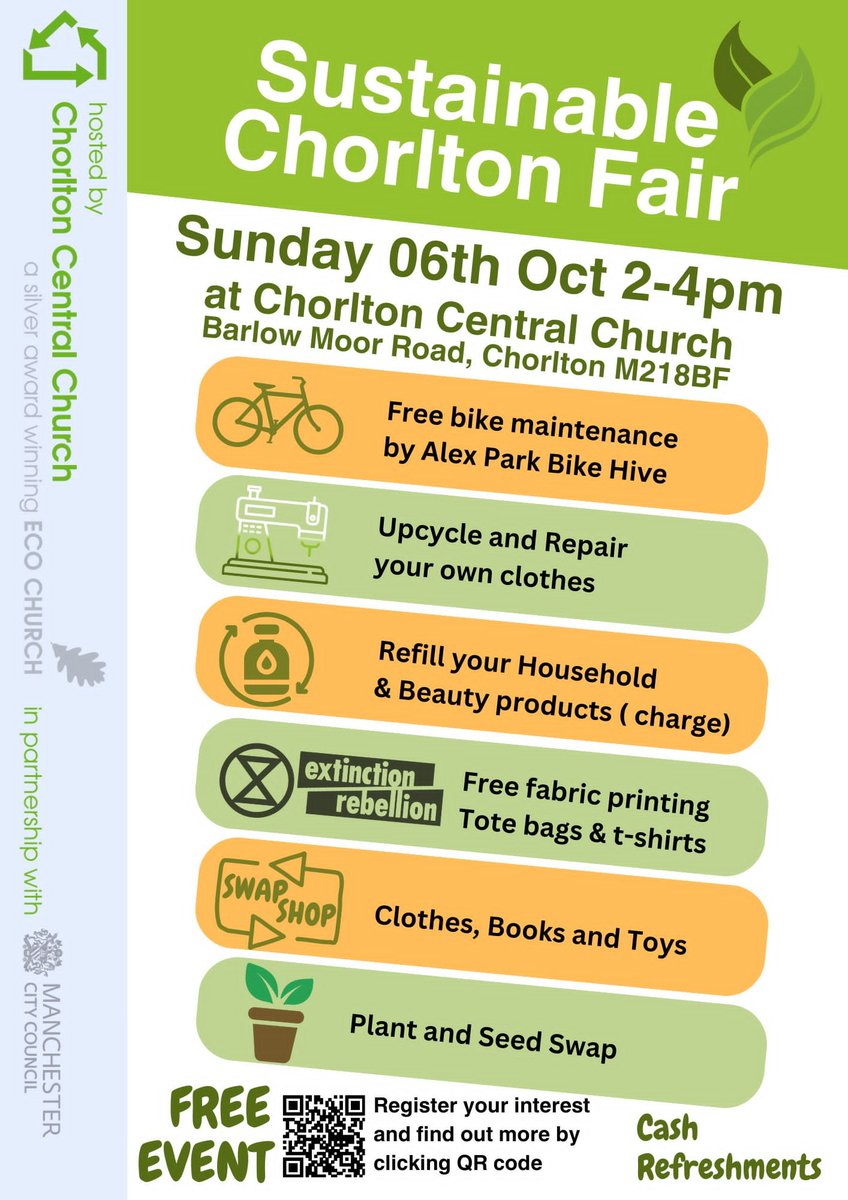The next sustainable Chorlton Fair is this Sunday. A range of swap shops, refill shop, clothes repair and upcycling, as well as the bike maintenance station will all be on offer 2-4pm.