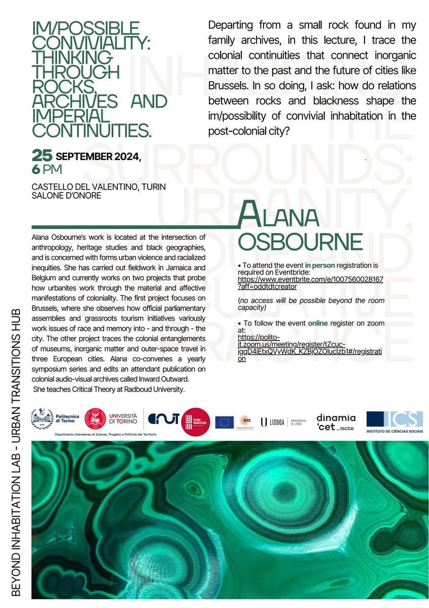 michele lancione (@michelelancione) on Twitter photo A week from now, on the 25th of September at 6pm CEST, Alana Osbourne will deliver her keynote for <a href="/InhabitationLab/">Beyond Inhabitation</a> Urban School titled: "Im/possible conviviality"
Register at:
Zoom, online: polito-it.zoom.us/meeting/regist…
Eventbrite, in-person: eventbrite.com/e/100756002816… A week from now, on the 25th of September at 6pm CEST, Alana Osbourne will deliver her keynote for <a href="/InhabitationLab/">Beyond Inhabitation</a> Urban School titled: "Im/possible conviviality"
Register at:
Zoom, online: polito-it.zoom.us/meeting/regist…
Eventbrite, in-person: eventbrite.com/e/100756002816…