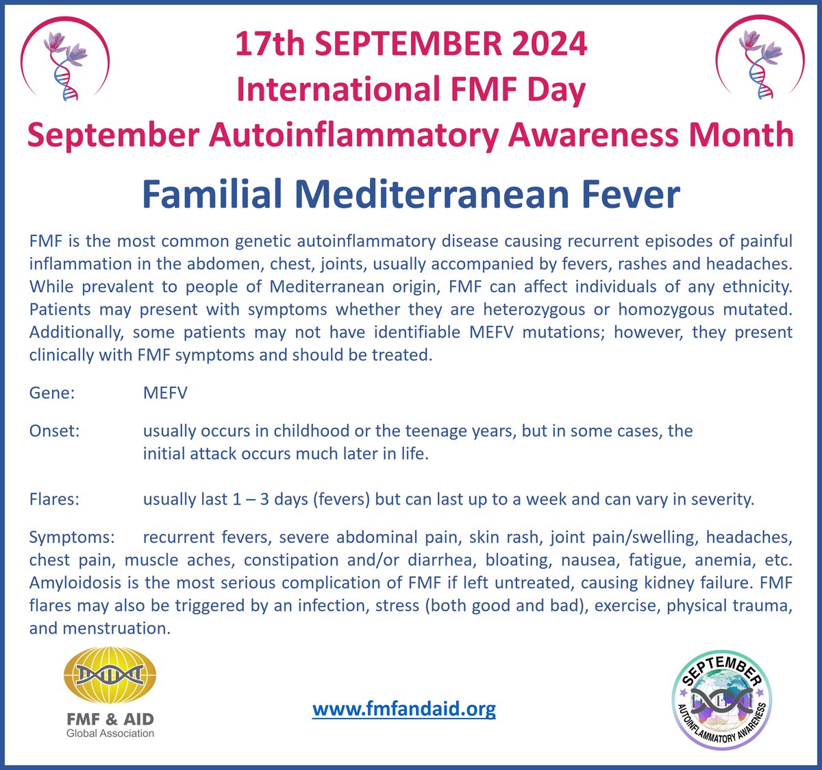 🌍 Today is International Familial Mediterranean Fever (FMF) Day! 🌍
On this special day, we raise awareness about FMF, a rare autoinflammatory disease that affects many people worldwide. Help us spread awareness by sharing this post. 
#InternationalFMFDay