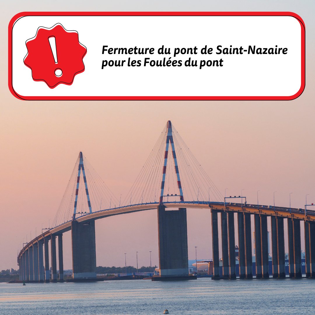 Les Foulées du Pont de Saint-Nazaire auront lieu ce 22 septembre 2024 👟
🛑Le pont de Saint-Nazaire sera fermé le temps de la manifestation, de 9h à 12h30.
#SaintNazaire