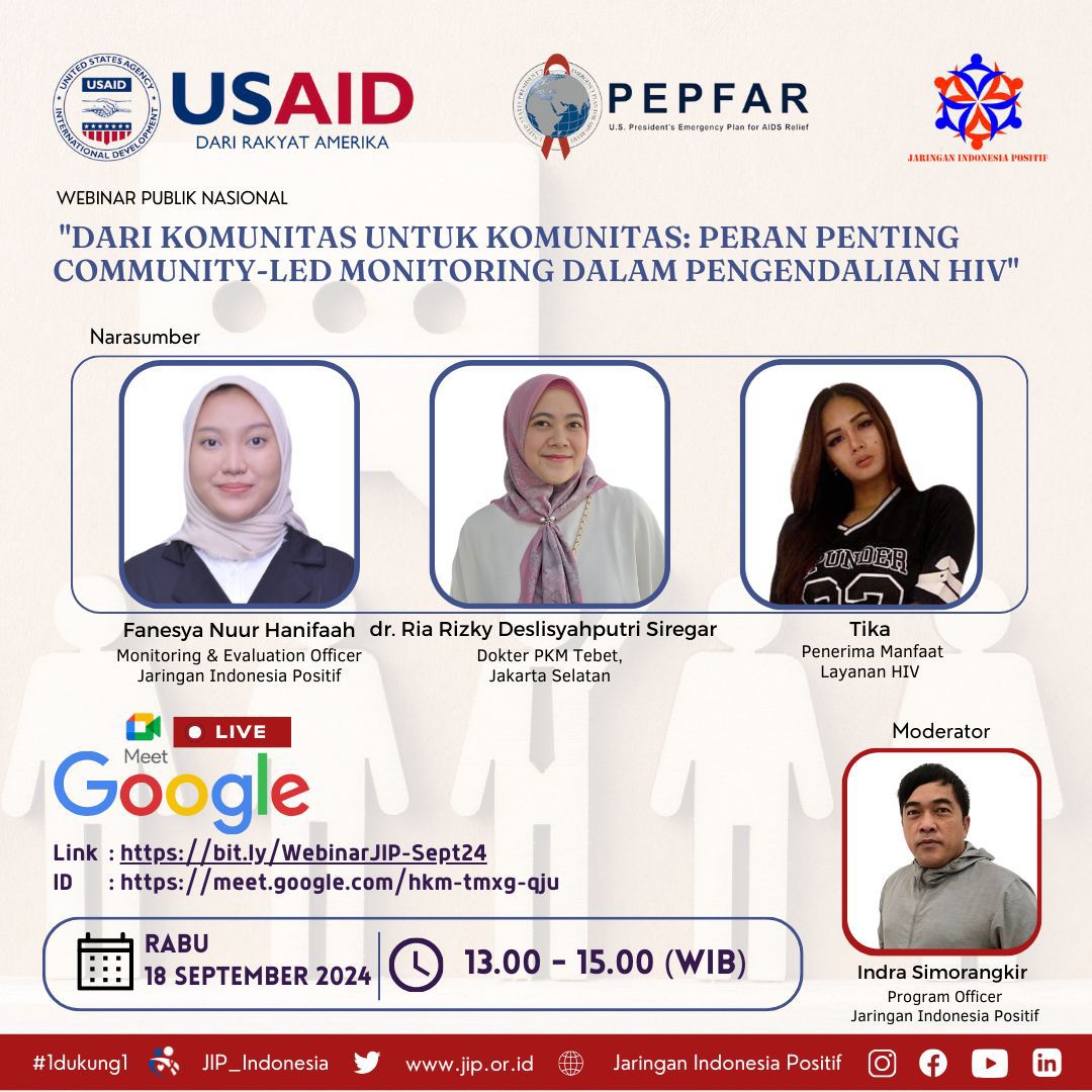 Jangan lewatkan webinar bertajuk "Dari Komunitas untuk Komunitas: Peran Penting Community-Led Monitoring dalam Pengendalian HIV"

📅 Hari/Tanggal: Rabu, 18 September 2024
🕐 Waktu: 13.00 WIB – 15.00 WIB
Link webinar: bit.ly/WebinarJIP-Sep…
ID Google Meet: meet.google.com/hkm-tmxg-qju