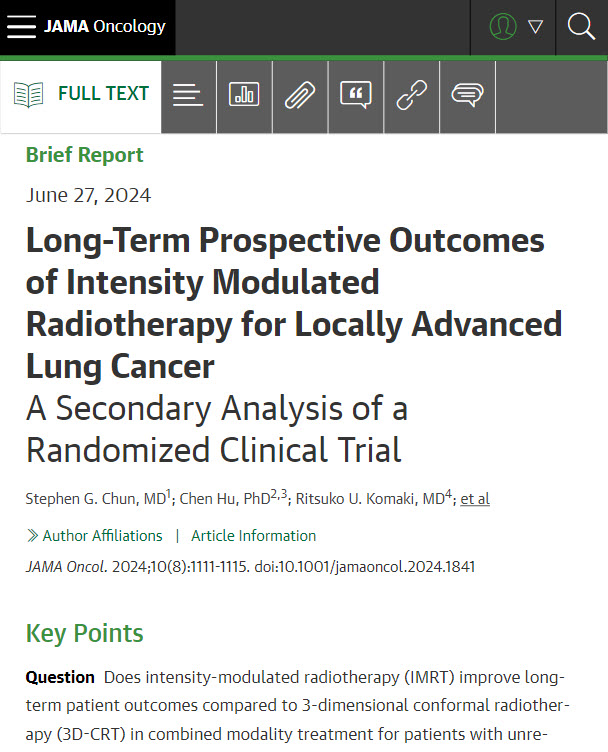 Improvements in radiation using IMRT translated into less pneumonitis for locally-advanced NSCLC in NRG Oncology-RTOG 0617 compared to 3D-CRT. Planning should minimize the heart V40Gy and lung V20Gy, as the lung V5Gy had no long-term impact on outcome. ja.ma/3XvFTN7