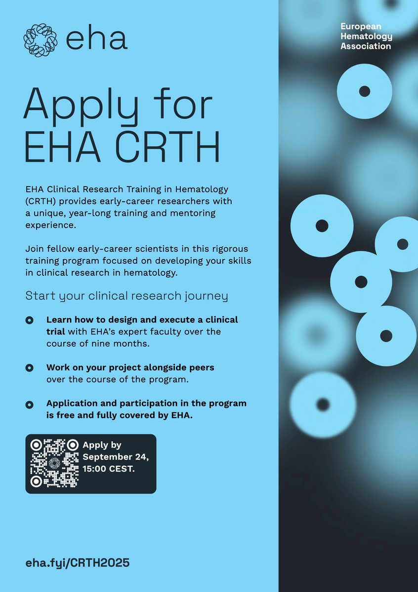 <a href="/EHA_Hematology/">European Hematology Association</a> training and mentorship programme deadlines are approaching (24 September) - get your application in now!

#Bioinformatics   
#hematology