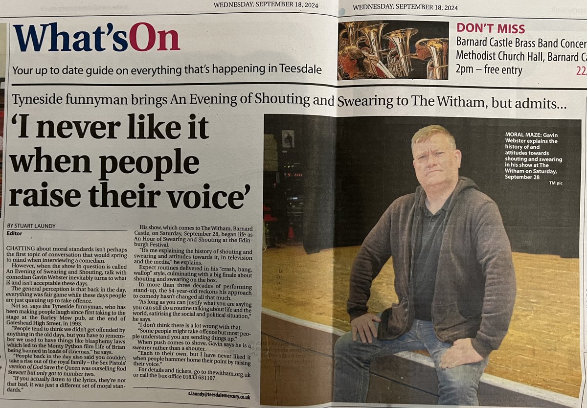 FunnyWayToBe Comedy (@funnywaytobe) on Twitter photo Great feature interview in this week's <a href="/teesdalemercury/">Teesdale Mercury</a> talking to <a href="/Thegavinwebster/">Gavin Webster</a> ahead of his tour and visit to <a href="/BarneyWitham/">The Witham</a> on Saturday 28 September. Tickets from ticketsource.co.uk/funnywaytobe/t… priced just £14.00. Great feature interview in this week's <a href="/teesdalemercury/">Teesdale Mercury</a> talking to <a href="/Thegavinwebster/">Gavin Webster</a> ahead of his tour and visit to <a href="/BarneyWitham/">The Witham</a> on Saturday 28 September. Tickets from ticketsource.co.uk/funnywaytobe/t… priced just £14.00.