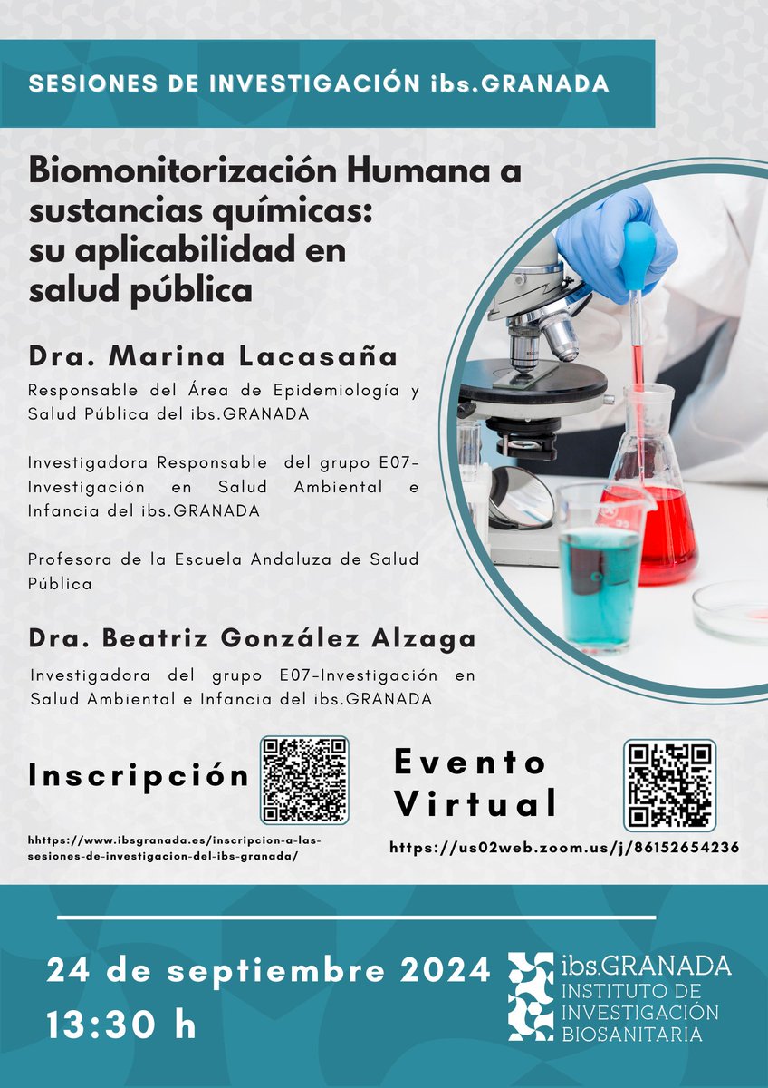 Próxima sesión de investigación del #ibsGRANADA el 📆24SEPT ⌚13:30h: Biomonitorización Humana a sustancias químicas: su aplicabilidad en #SaludPública por Marina Lacasaña y Beatriz González

ℹ️ ibsgranada.es/events/biomoni…
<a href="/clinicogranada/">Hospital Universitario Clínico San Cecilio</a> @easpsalud <a href="/GranadaesSalud/">GranadaSalud</a> <a href="/hospital_hvn/">HUVN</a>