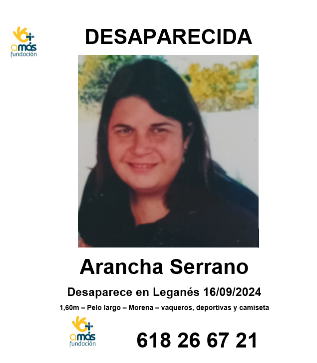 ALERTA | #DESAPARECIDA

Necesitamos tu colaboración para encontrar a Arancha, usuaria de #FundaciónAMÁS

Desaparecida  16/09/2024 en Leganés 
1,60m – Pelo largo – Morena – vaqueros, deportivas y camiseta

#sosdesaparecidos