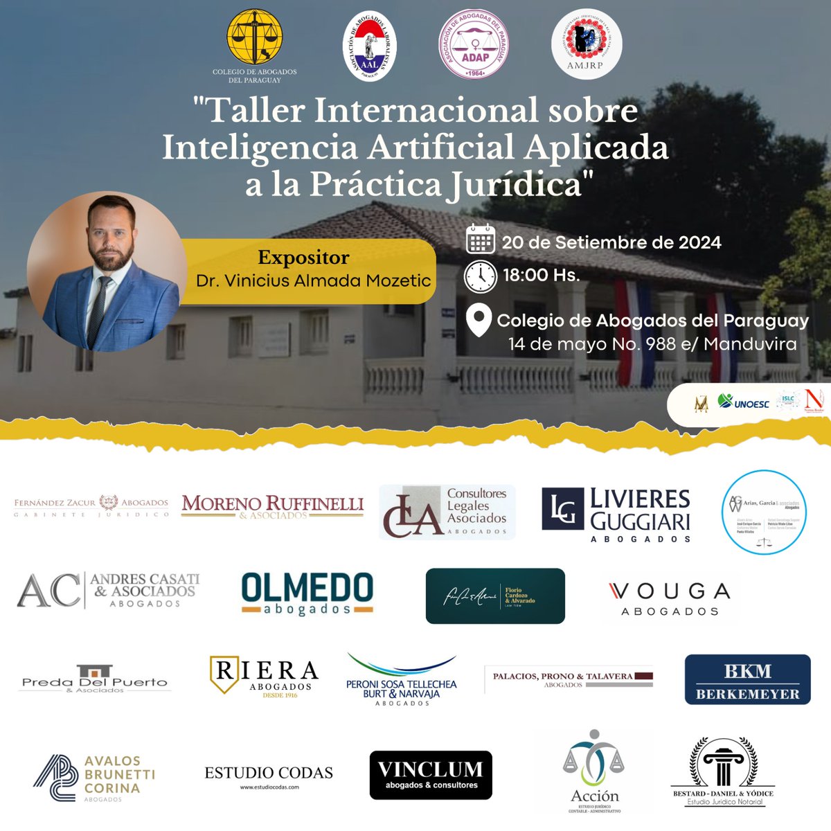 CAP_py's tweet image. Invitamos taller sobre IA aplicada a la práctica jurídica, a realizarse el 20/09/2024 en la sede del Colegio de Abogados del Paraguay.
Evento sin costo y sin registro previo.
No se expedirán certificados de participación.
¡Les esperamos!