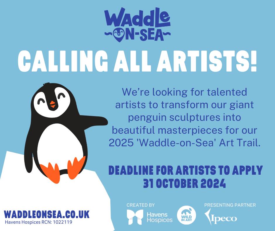 Visit Southend (@visitsouthend) on Twitter photo ARTISTS CALL OUT 📣
<a href="/HavensHospices/">Havens Hospices</a> is seeking talented artists to transform over 30 large penguins, along with some small penguins, for their upcoming art trail <a href="/waddleonsea/">waddleonsea</a>! 🎨
🐧Deadline to apply - 31 October 2024
More info 📷 visitsouthend.co.uk/waddle-on-sea ARTISTS CALL OUT 📣
<a href="/HavensHospices/">Havens Hospices</a> is seeking talented artists to transform over 30 large penguins, along with some small penguins, for their upcoming art trail <a href="/waddleonsea/">waddleonsea</a>! 🎨
🐧Deadline to apply - 31 October 2024
More info 📷 visitsouthend.co.uk/waddle-on-sea
