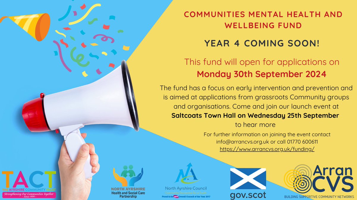 🌟 COMING SOON! 🌟
Communities Mental Health and Wellbeing Fund will be open for applications on Monday 30th September

Launch Event: 25th September at Saltcoats Town Hall
Secure your spot by booking here: l.facebook.com/l.php?u=https%…
See poster below for more info