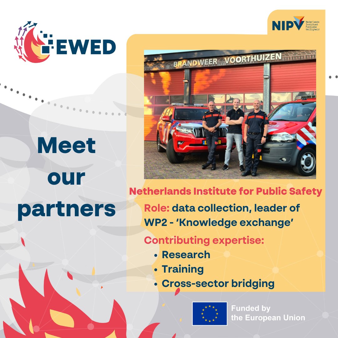 Meet EWED partners III: we are pleased to have <a href="/NIPV_NL/">NIPV</a> on board! 👏

#NIPV is a public institute focused on research, education, information, and support that provides knowledge in the areas of contingency planning, crisis response, and firefighting strategies to contribute to