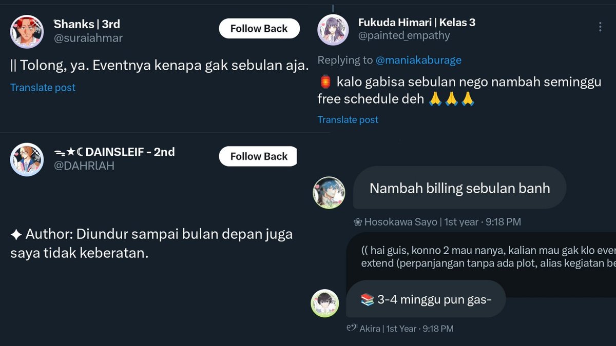 ⚠️ PERHATIAN!! ⚠️

Atas keinginan dari banyak peserta, serta ketidakberatan peserta lainnya, atas permintaan perpanjangan masa event dari GekkaParo toukenranbu Maniak Aburage. 

Dengan ini admin akan MEMPERPANJANG MASA EVENT SELAMA 6 HARI tanpa adanya plot (kegiatan bebas).