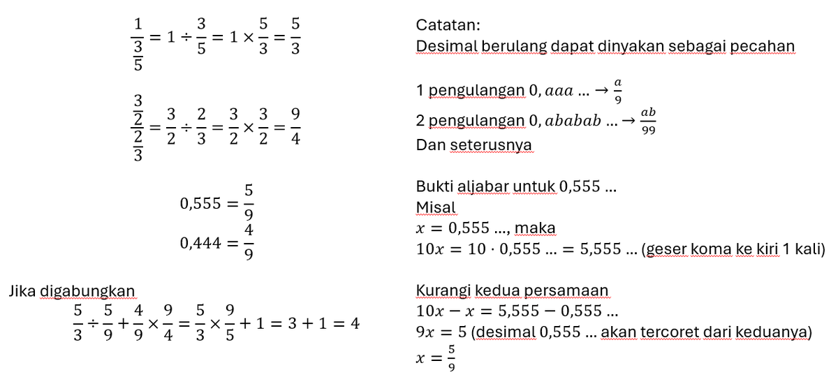 elstar_academy's tweet image. pecahan dalam pecahan memang sering buat bingung, tapi lebih mudah jika ditulis sebagian. ingat bahwa "a/b" sama artinya "a" dibagi "b"

untuk 0,555... dan 0,444... bisa dilihat di gambar ya