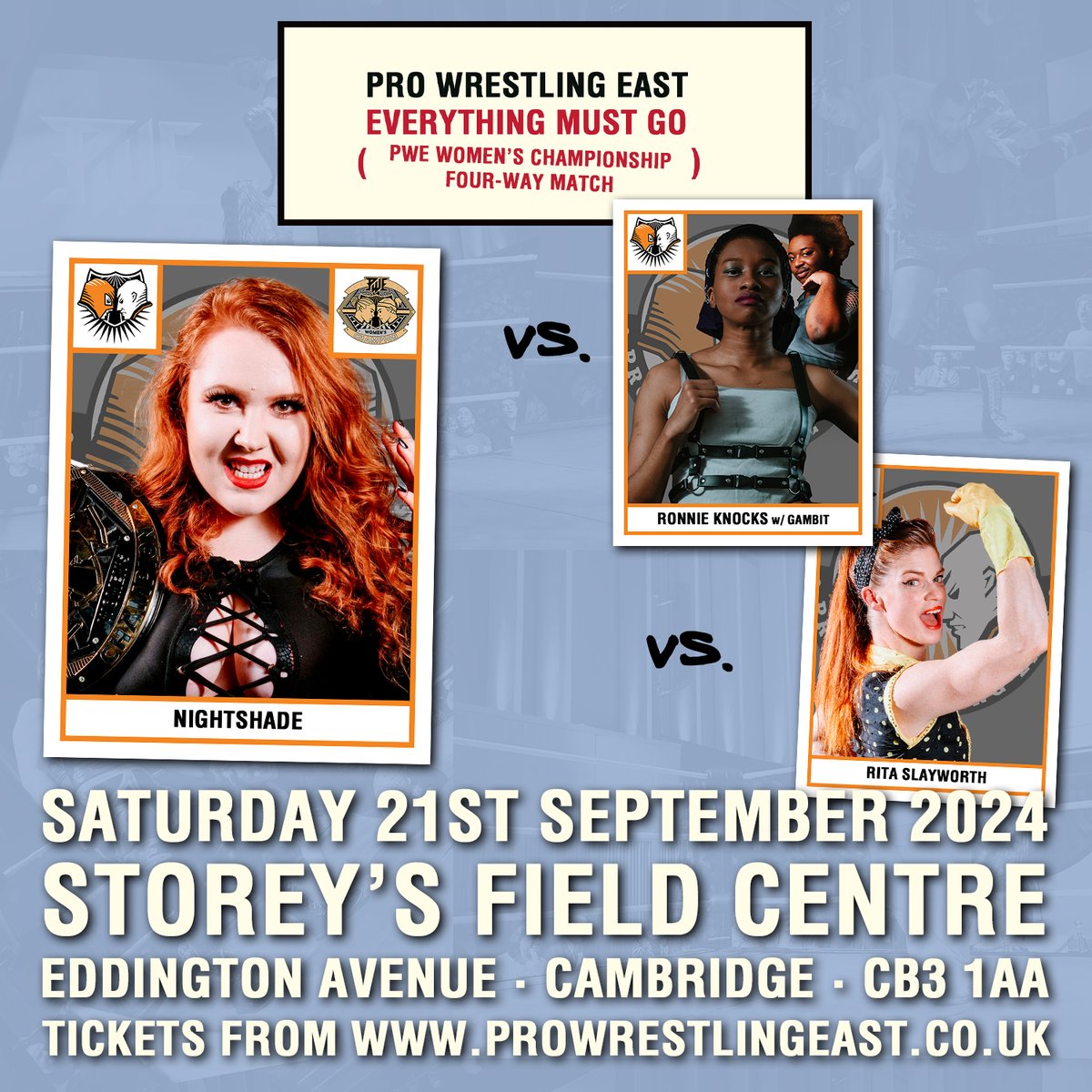 Unfortunately Amira can't be with us on Saturday, but <a href="/nightshadepw/">NightShade ナイトシェイド</a> still defends her PWE Women's Championship against <a href="/RonnieKnocks/">Ronnie Knocks</a> - accompanied by <a href="/GambitPW/">Gambit💜🔥</a> - and <a href="/Ruthis0nfire/">Rita Slayworth</a>!