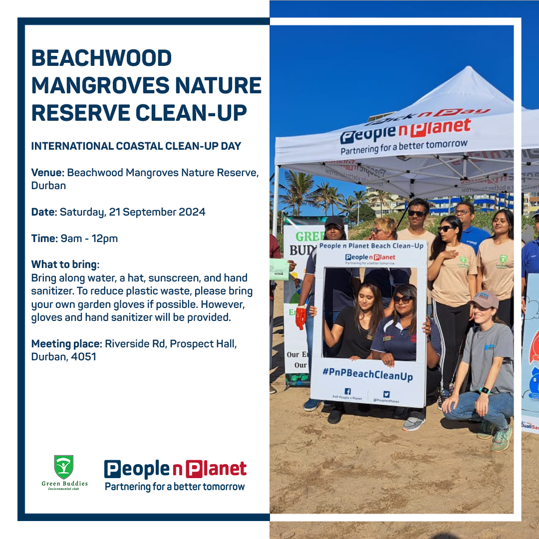 PeoplenPlanet's tweet photo. It takes a team to make things happen, so join People n Planet and Green Buddies as we clean up the Beachwood Mangroves Nature Reserve, in Durban, KwaZulu-Natal. Join us on International Coastal Cleanup Day on Saturday, 21 September from 9am to midday. https://t.co/Ag2I824GUY