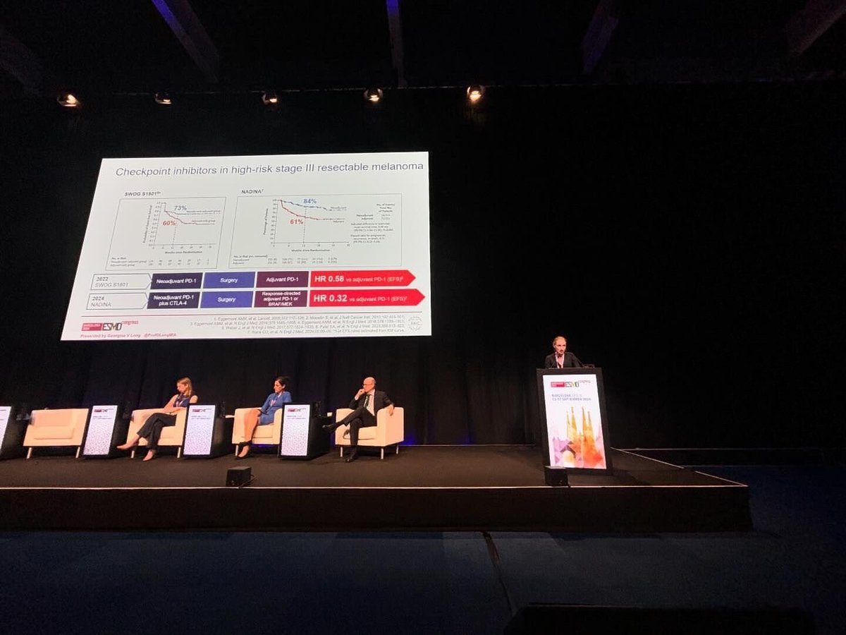 MelanomaAus's tweet photo. . @ProfGLongMIA presented at @myESMO incl update on expanded cohort of >800 pts in ongoing #INMC study, the world’s largest pooled analysis of melanoma pts treated w neoadjuvant drug therapy. Now standard for resectable stage 3 & adv melanoma.
https://t.co/eQplj0knli #ESMO24 https://t.co/FV1TphY8Ru