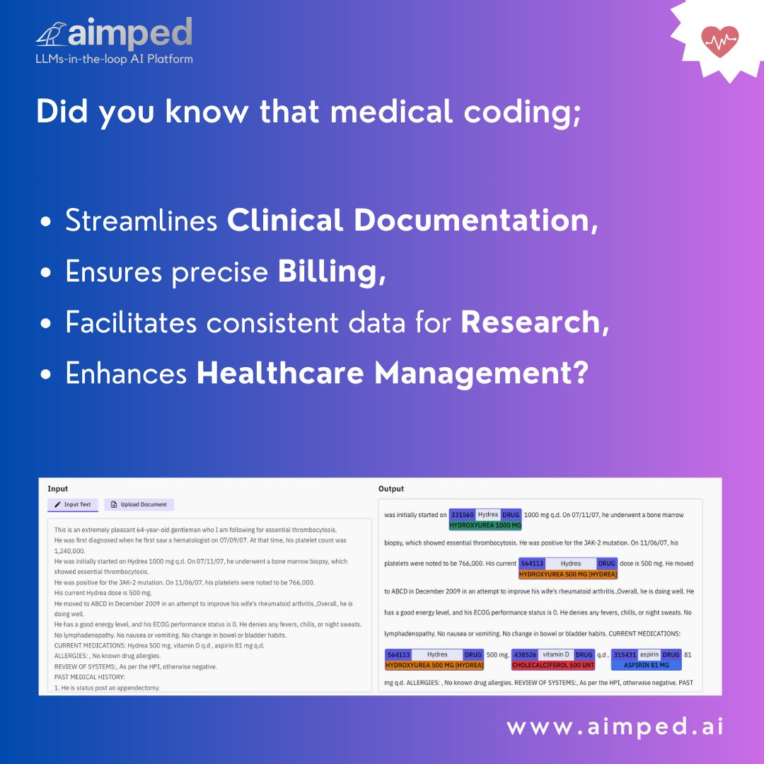 Aimped_AI's tweet photo. AI-powered coding reduces errors, automates repetitive tasks, and ensures compliance—transforming healthcare efficiency.

Discover how AI is revolutionizing medical coding!
#AI #healthcare https://t.co/jR3GX4g0yz