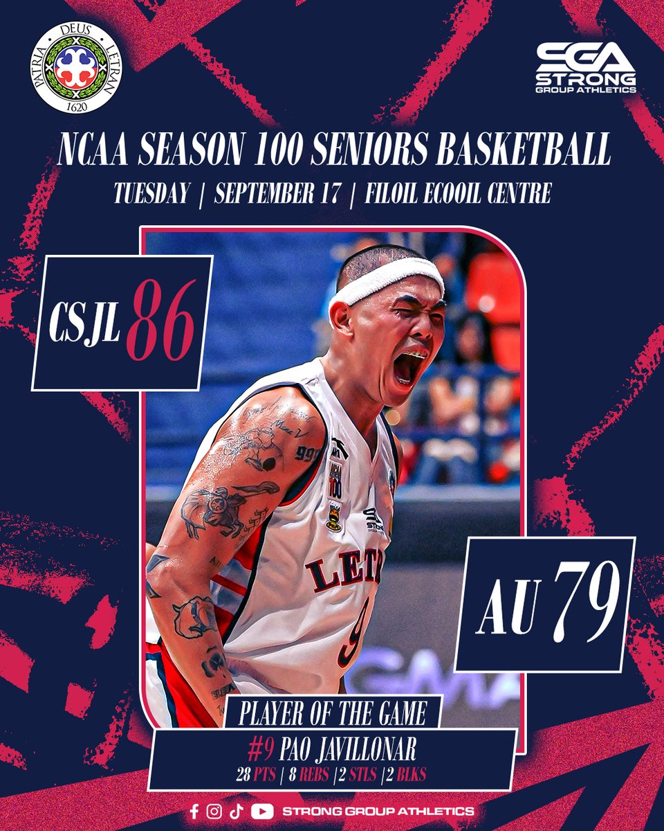 stronggroupathl's tweet photo. π WELCOME BACK, PAO! π
Javillonar made a sensational return to Letran, scoring a career-high 28 points to lead the Knights to their second straight win! πͺ π
#StrongerTogether #ArribaLetran https://t.co/76tMEiSbPU