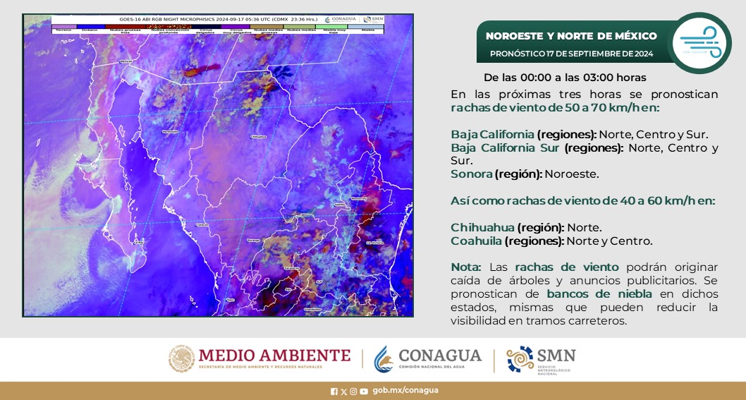 #PronósticodelTiempo para el noroeste y norte del país, durante las próximas tres horas.