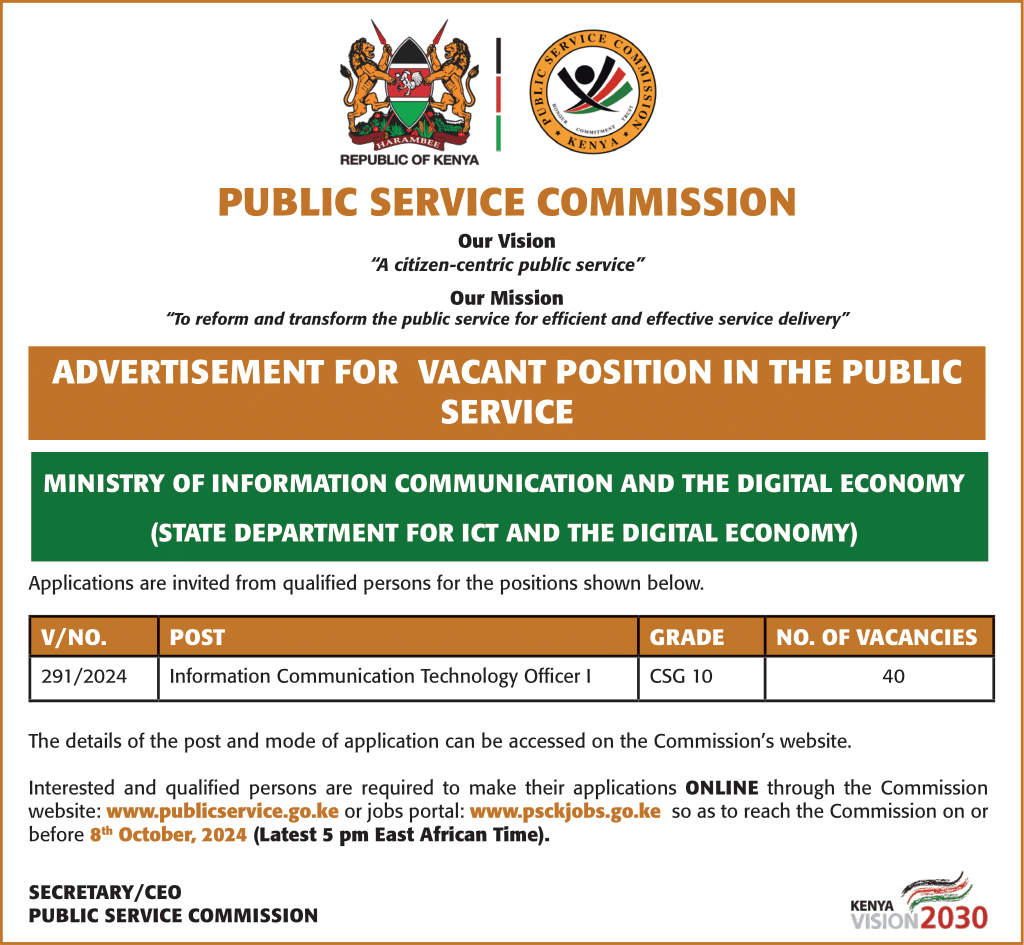 !!!! JOBS ALERT !!!!

Vacant positions in the Ministry of Information, Communication and the Digital Economy. 

Application Deadline: 8th October 2024, 5pm EAT.