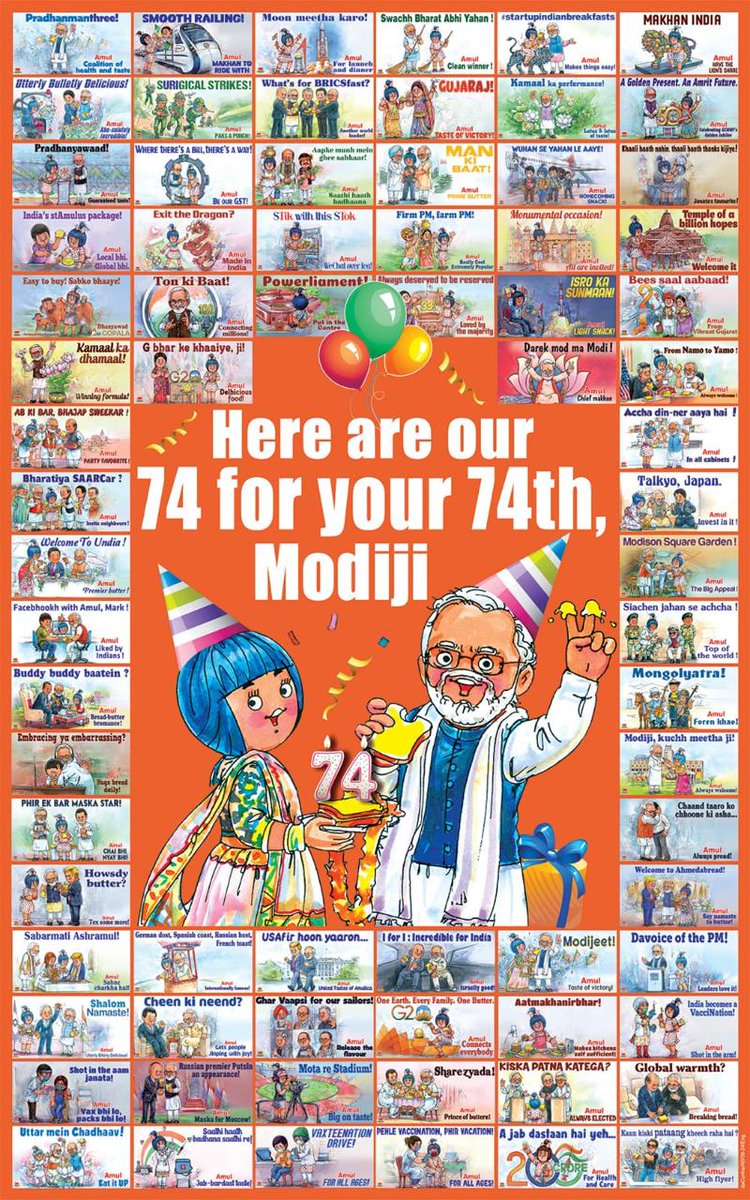 Amul.coop (@amul_coop) on Twitter photo Wishing the Honorable Prime Minister Shri Narendrabhai Modi, <a href="/narendramodi/">Narendra Modi</a> a very happy 74th birthday, Amul marks the occasion with 74 special topicals that honor his invaluable contributions. Wishing the Honorable Prime Minister Shri Narendrabhai Modi, <a href="/narendramodi/">Narendra Modi</a> a very happy 74th birthday, Amul marks the occasion with 74 special topicals that honor his invaluable contributions.