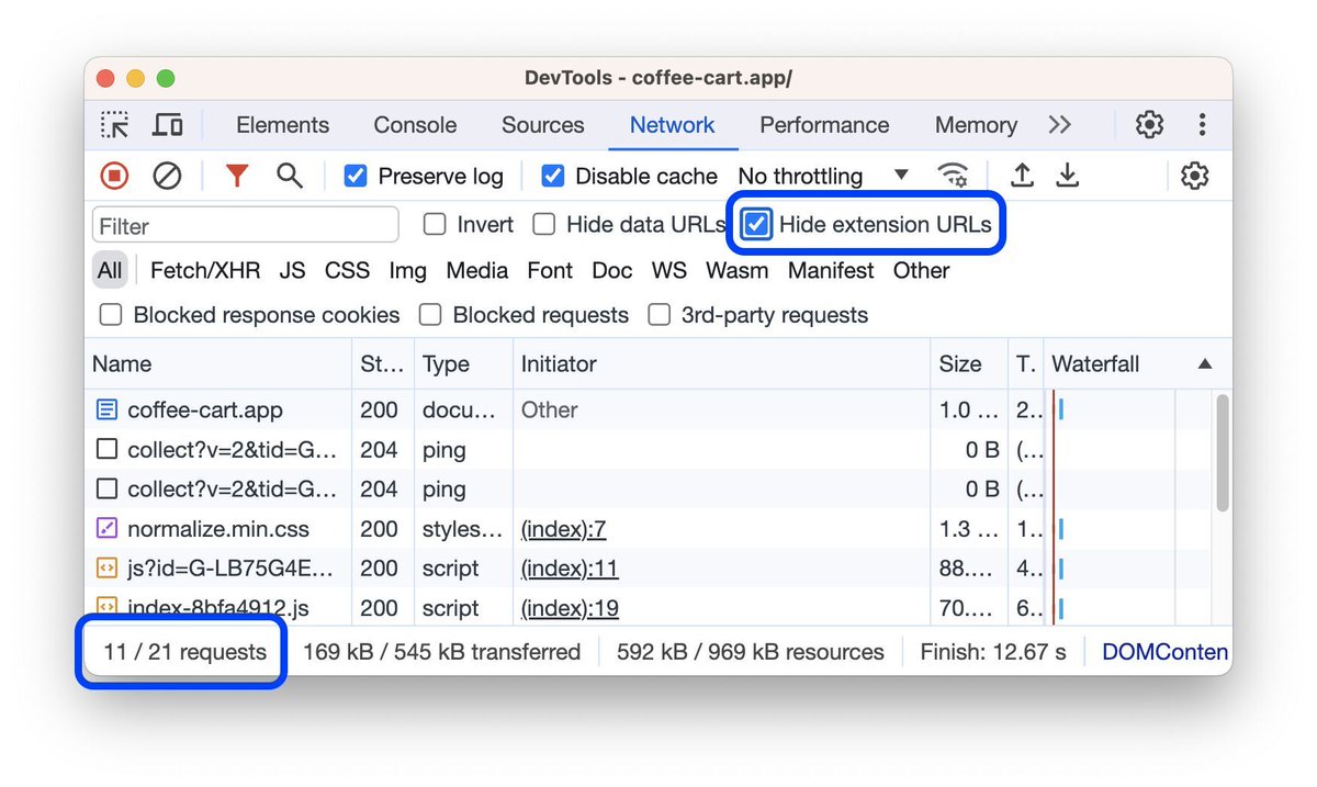 Addy Osmani (@addyosmani) on Twitter photo Tip: In <a href="/ChromeDevTools/">Chrome DevTools</a> you can hide network requests from Chrome extensions! Great for focusing on just your code when performance profiling. Tip: In <a href="/ChromeDevTools/">Chrome DevTools</a> you can hide network requests from Chrome extensions! Great for focusing on just your code when performance profiling.