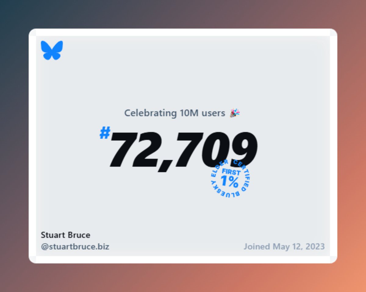 Bluesky now has more than 10 million users. I was 72,709. The first 1% when it was still invite only.

It was slow to start. But in the last month or so it has really taken off.

If you're not already on Bluesky, please join us. It's friendly, knowledgeable, and happening.
